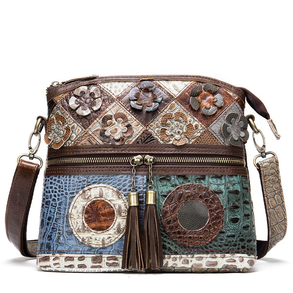 Retro Handbags Cowhide Stitching One-shoulder Messenger Bag Color Flowers Ladies Bag Casual Leather Bag - Trendha