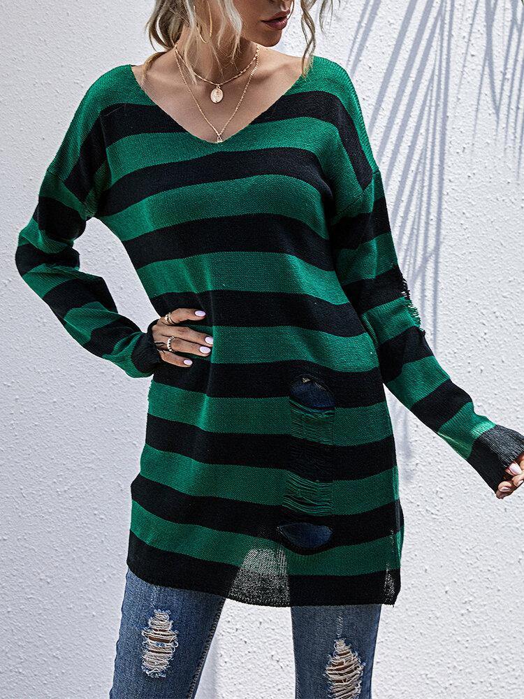 Women Striped Long Sleeve V-Neck Knitted Sweaters - Trendha