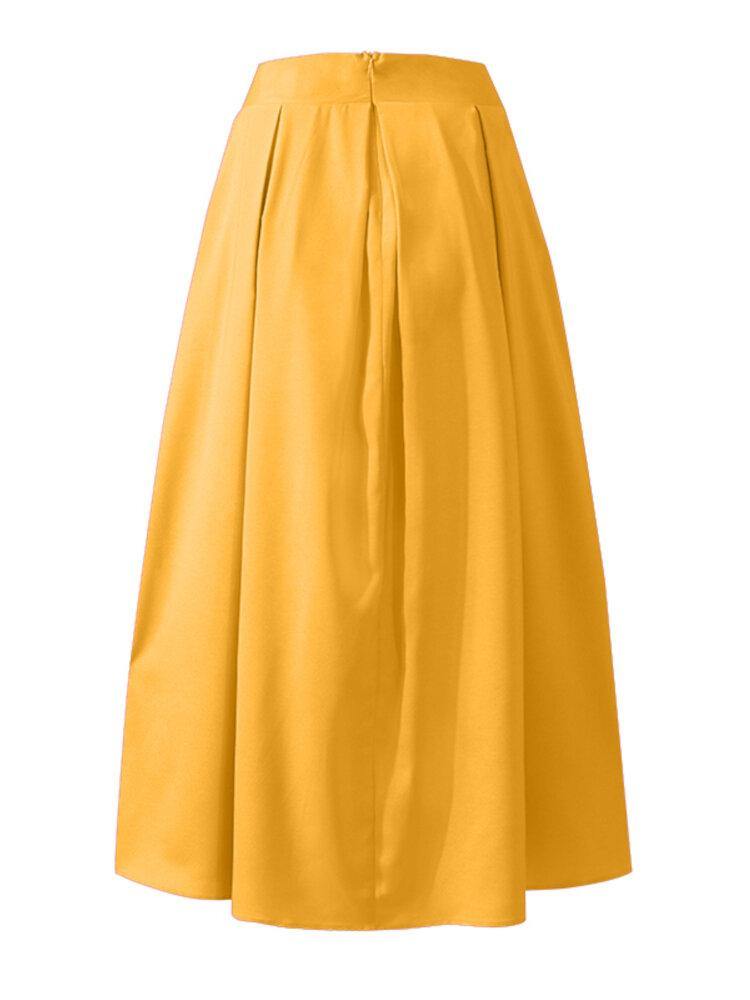 Women Solid Color High Waist Big Swing Zipper Casual Loose Long Skirt With Pocket - Trendha