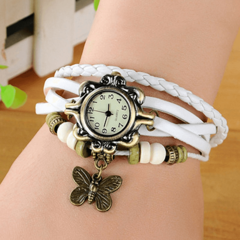 Women Casual Vintage Multilayer Butterfly Faux Leather Bracelet Quartz Watch - Trendha