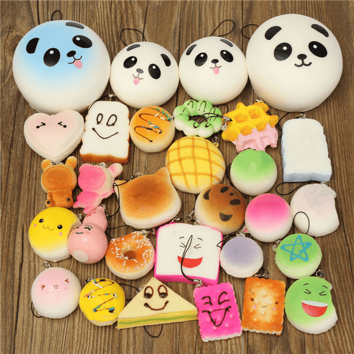18PCS Squishy Christmas Gift Decor Panda Cup Cake Toasts Buns Donuts Random Soft Cell Phone Straps - Trendha