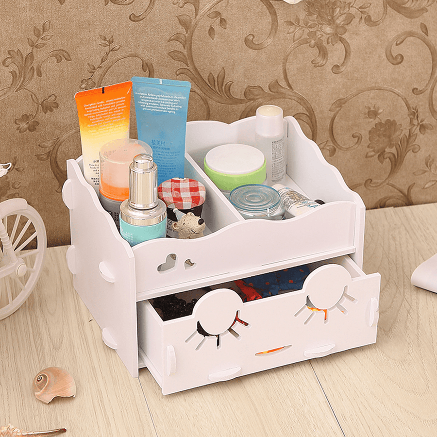 Smiling Face Cute Wooden White Makeup Organizer Neat Table Collecting Case Cosmetics Tools - Trendha