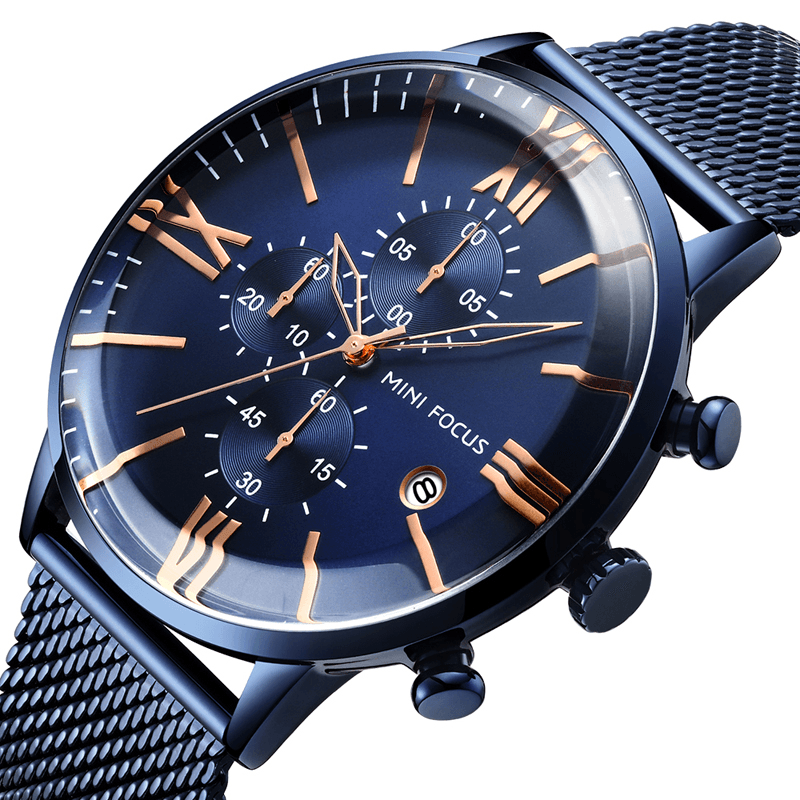 MINI FOCUS MF0236G Business Chronograph Calendar Mesh Steel Quartz Watch Men Wristwatch - Trendha