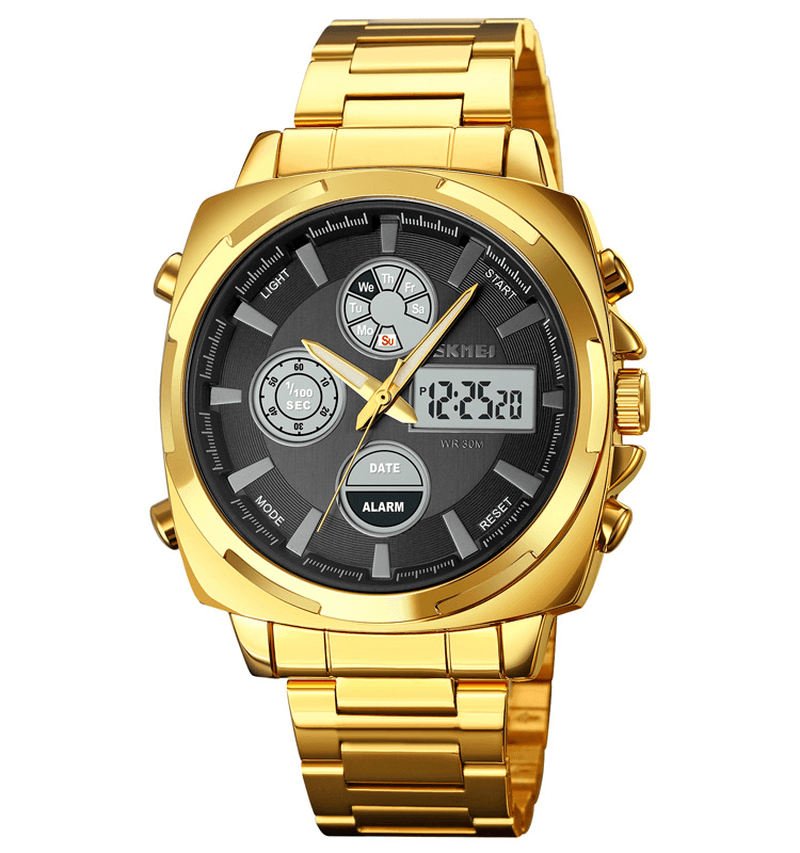 SKMEI 1673 Fashion LED Light Digital Watch Stainless Steel Strap 3ATM Waterproof Men Dual Display Watch - Trendha