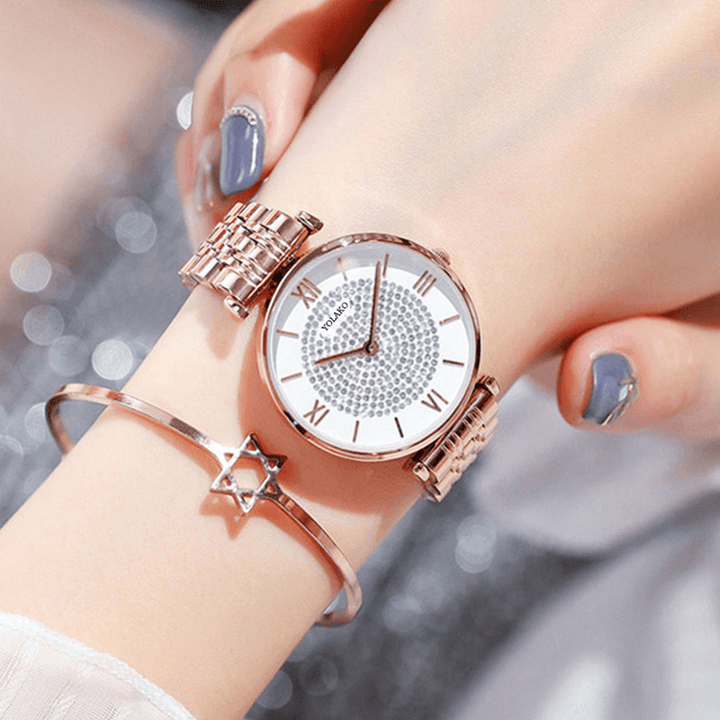 A0566 Trendy Elegant Women Watches Full Alloy Roman Numerals Rhinestones Mount Dial Quartz Watches - Trendha