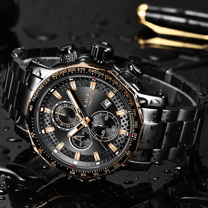 LIGE 9902 Multifunction Chronograph Fashion Men Wrist Watch Waterproof Steel Case Quartz Watch - Trendha