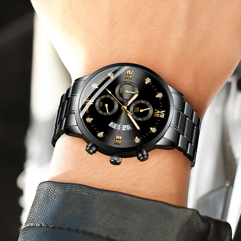 FNGEEN 5080 Fashion Business Diamond Dial Luminous Pointer with Calendar Date Display Steel Strap Waterproof Men Quartz Watch - Trendha