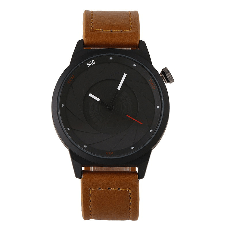 Creative Men Leather Strap Simple Back Aperture Pattern Dial White Needle Quartz Watch - Trendha