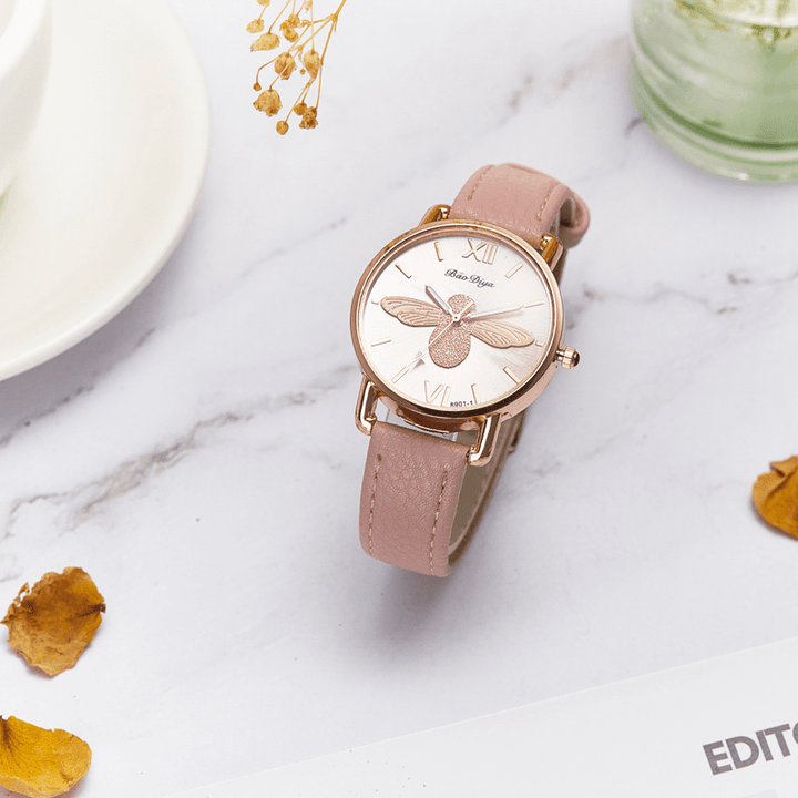 A0554 Fashion Cute Women Watches Rose Gold Case Leather Band Roman Numerals Bee Quartz Watches - Trendha