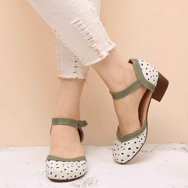 Women Flower Pattern D'Orsay round Toe Ankle Strap Comfy Casual Heels Pumps - Trendha