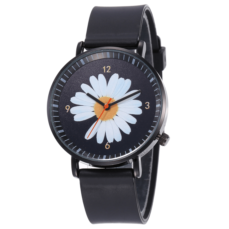 B0108 Fashion Cute Women Watches Large Three-Hand Dial Black Three-Dimensional Little Daisy Quartz Watch - Trendha