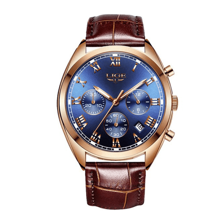 LIGE 9852 Waterproof Luminous Display Men Wrist Watch Fashion Leather Strap Quartz Watch - Trendha