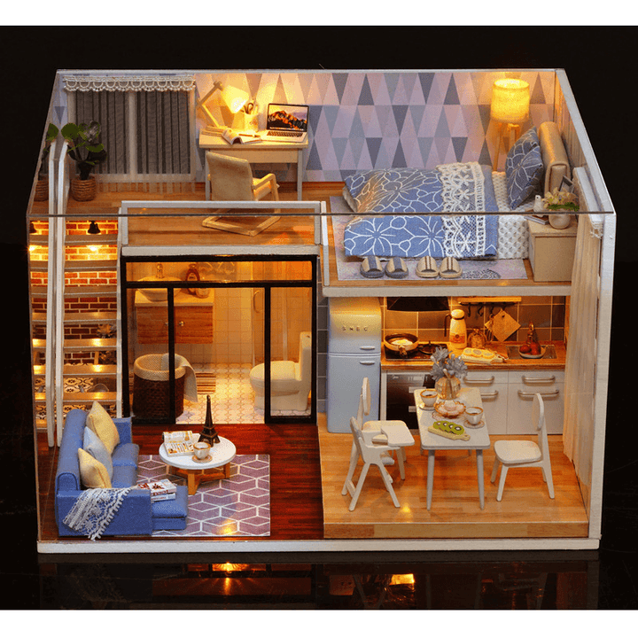 Cuteroom L-023 Blue Time DIY House with Furniture Music Light Cover Miniature Model Gift Decor - Trendha