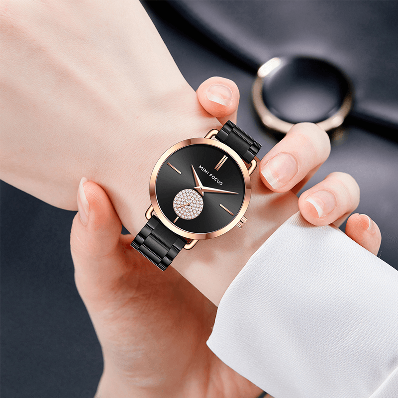 MINI FOCUS 0222L Casual Style Crystal Little Dial Women Wrist Watch Waterproof Full Steel Quartz Watch - Trendha