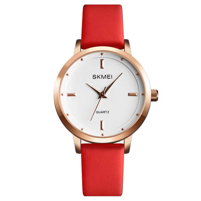 SKMEI 1457 Women Fashion Simple Dial Rose Gold Case Leather Strap Quartz Watch - Trendha