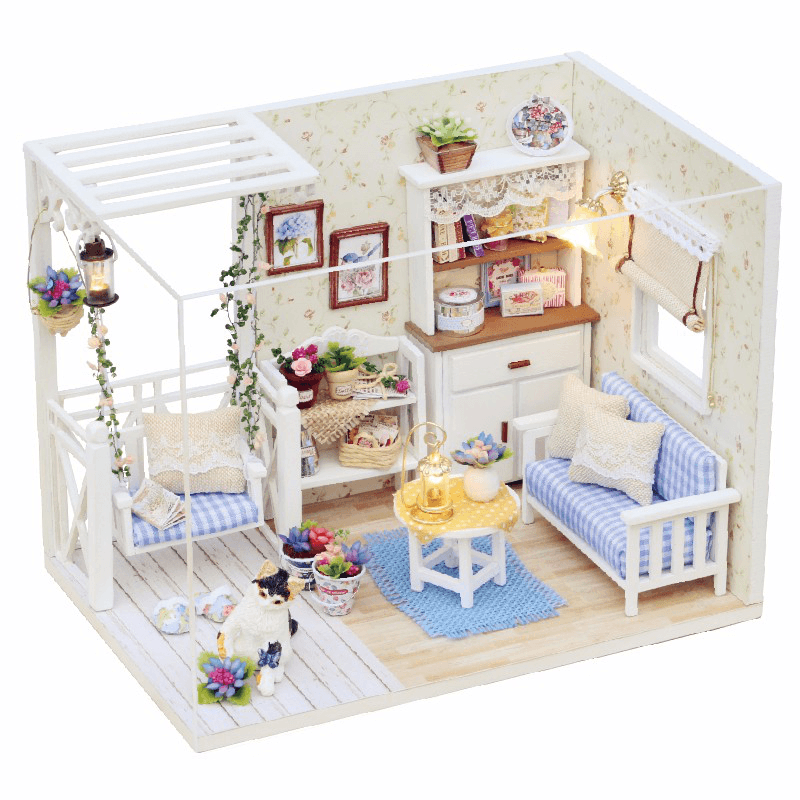 Cuteroom 1/24 Dollhouse Miniature DIY Kit with LED Light Cover Wood Toy Doll House Room Kitten Diary H-013 - Trendha