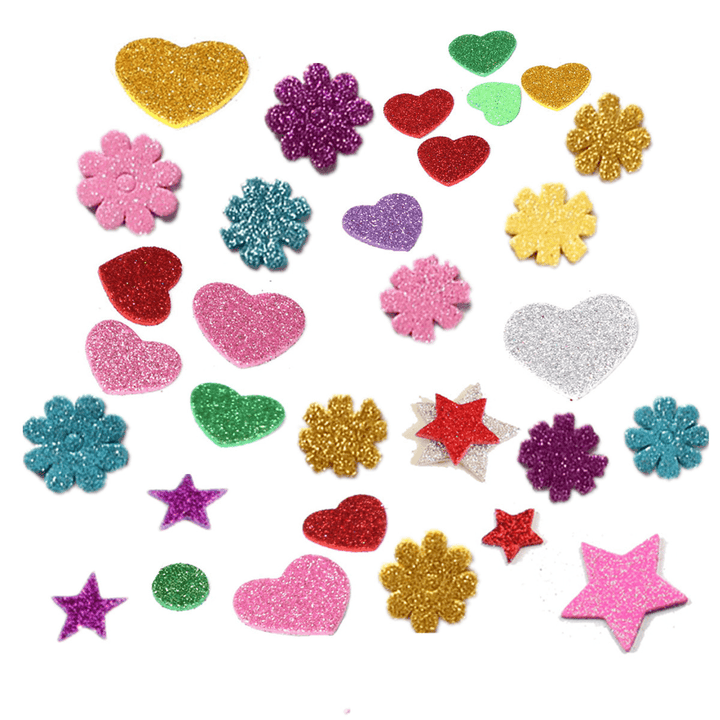 30Pcs Assorted Glitter Shapes Hearts Stars round Flowers Foam Stickers DIY Craft - Trendha