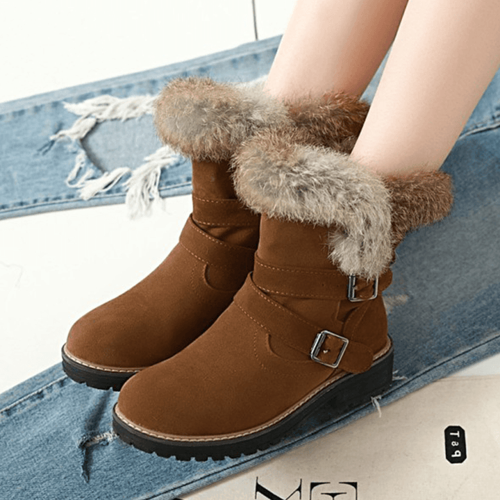 Women Solid Color round Toe Casual Elegant Buckle Fluff Flanging Snow Boots - Trendha