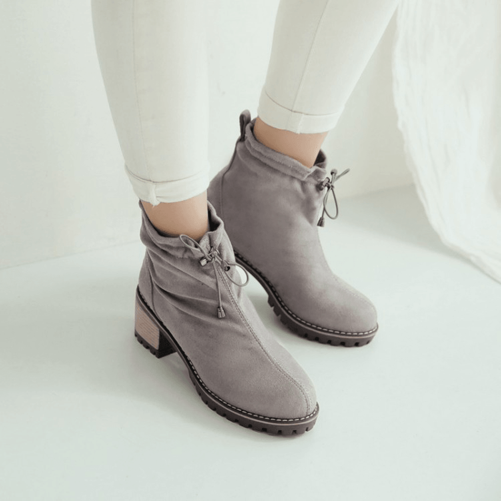 Women Casual Solid Color round Toe Elastic Band Chunky Heel Short Boots - Trendha