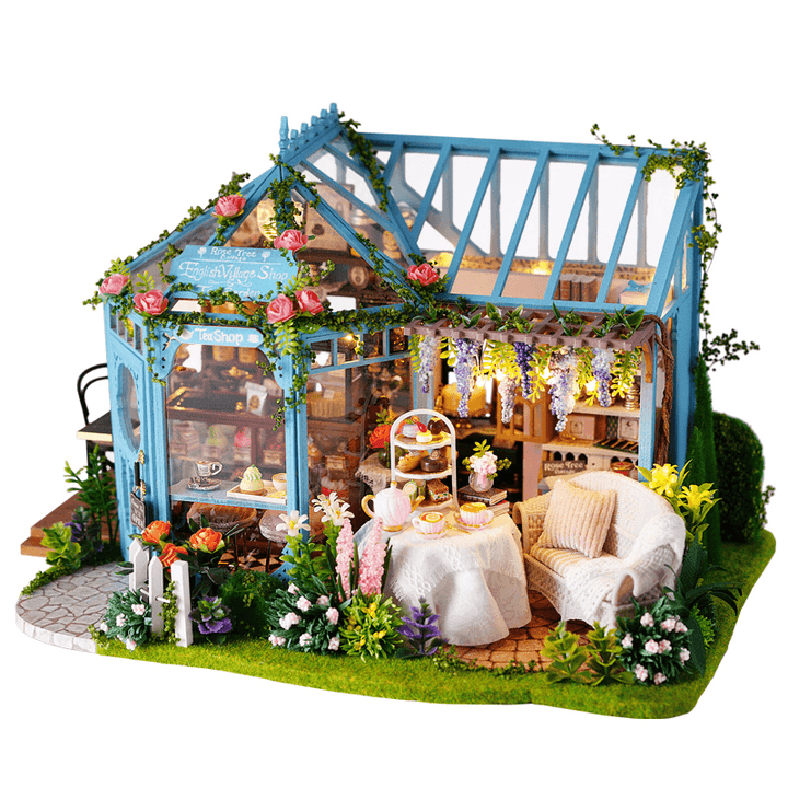 Cuteroom A068 DIY Cabin Rose Garden Tea House Handmade Doll House Model with Dust Cover Music Motor - Trendha