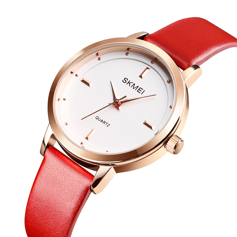 SKMEI 1457 Women Fashion Simple Dial Rose Gold Case Leather Strap Quartz Watch - Trendha
