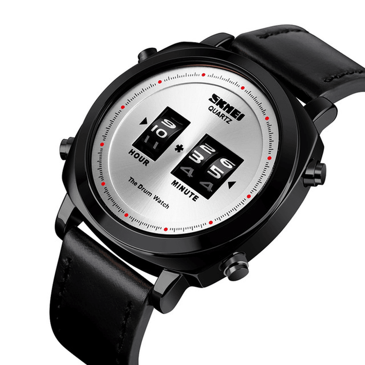 SKMEI 1519 Creative Rolling Time Display Leather Strap 30M Waterproof Men Watch Quartz Watch - Trendha