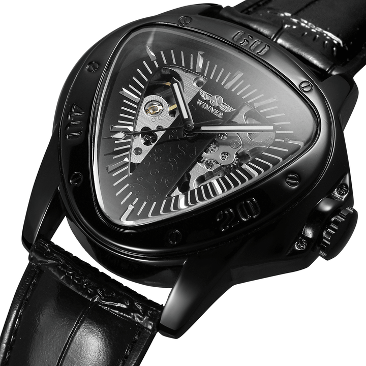 Luxury Vintage Men Automatic Watch Hollow Art Triangular Dial Waterproof Leather Strap Mechanical Watch - Trendha