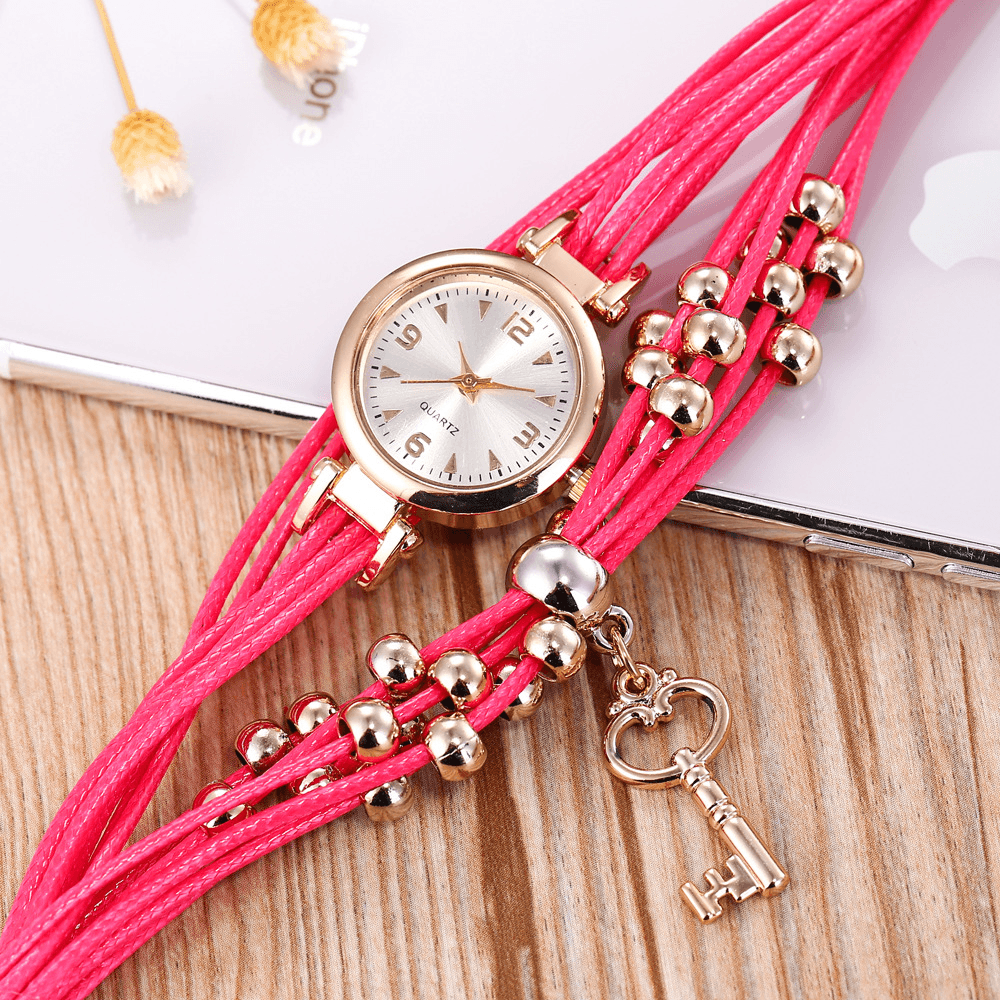 Gold Case Colorful Leather Beading Strap Ladies Dress Women Bracelet Wristband Quartz Watch - Trendha