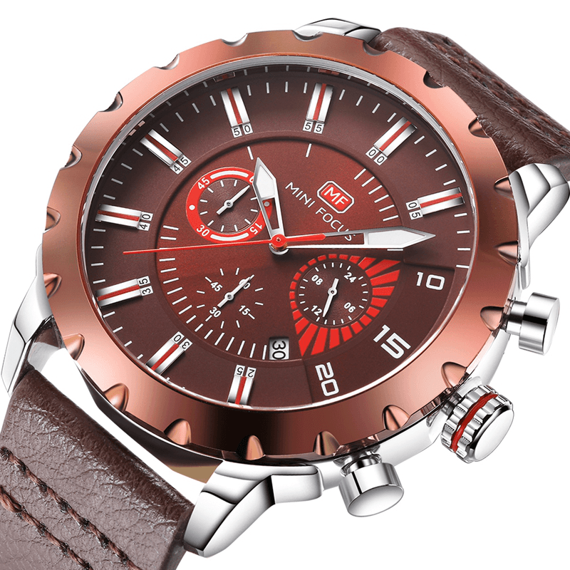 MINI FOCUS MF0079G Multifunction Men Wrist Watch Chronograph Leather Band Quartz Watch - Trendha