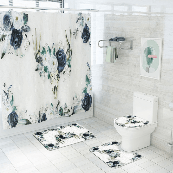 Elk Flower Printing Shower Curtain Floor Mat Four-Piece Combination Bathroom Mat Set - Trendha
