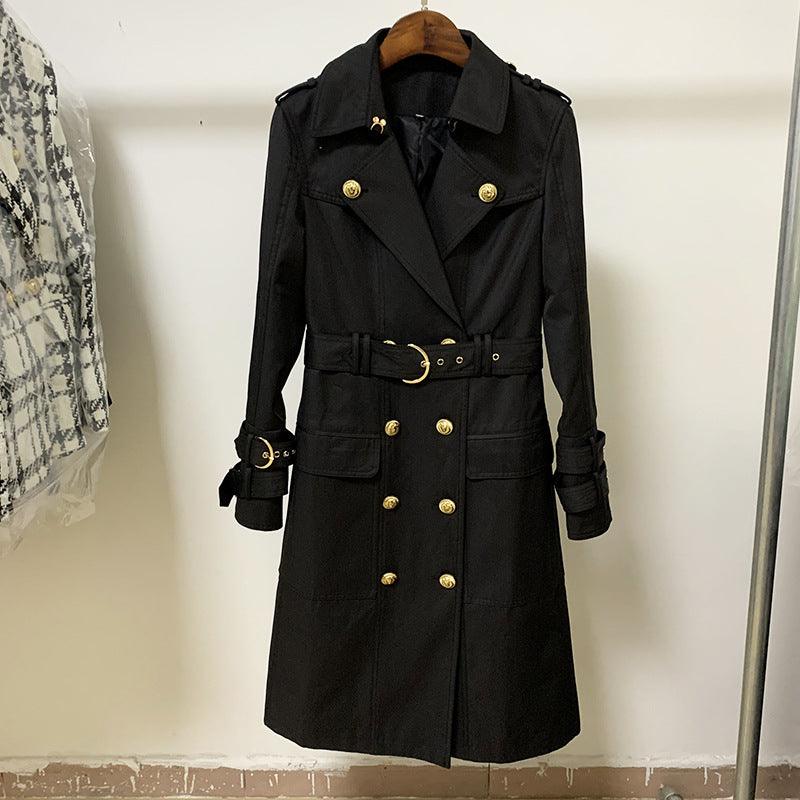 Buckle double-breasted belted long trench coat - Trendha