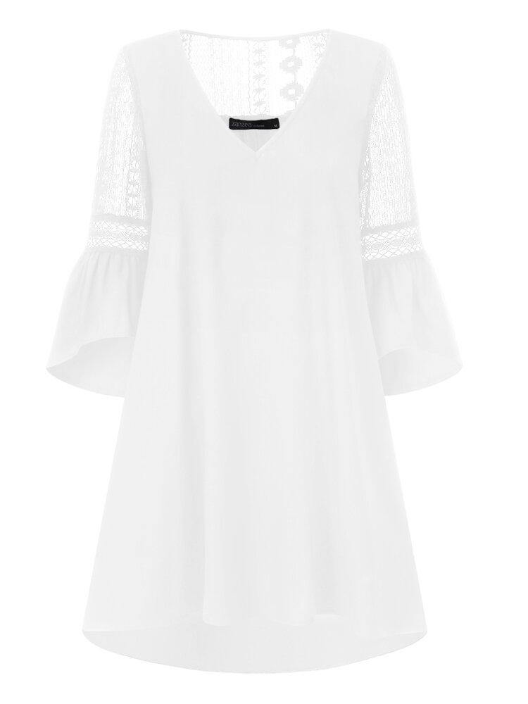 Lace Solid European Style Summer Holiday Loose Dress - Trendha