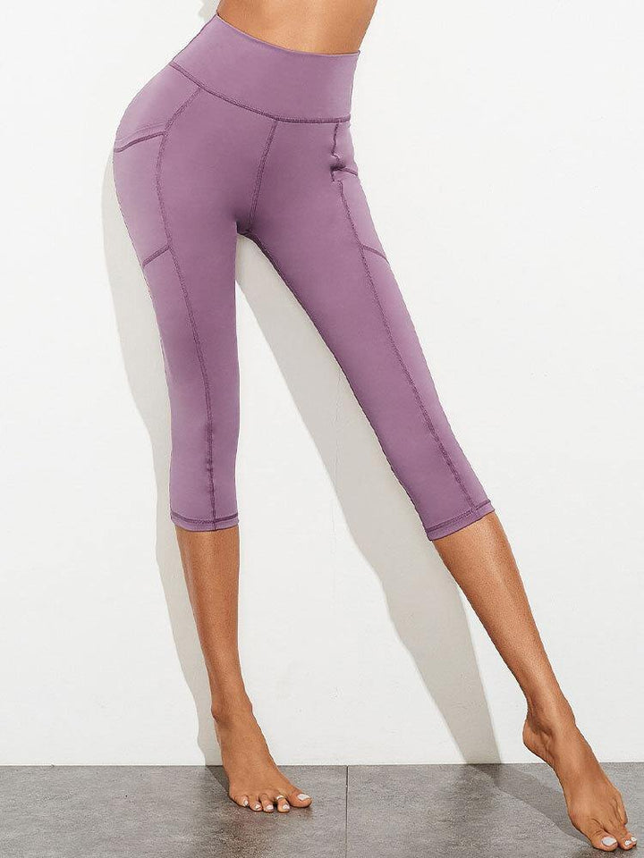 Solid Color Patchwork Pocket Elastic High Waist Cropped Running Jogging Women Yoga Leggings - Trendha