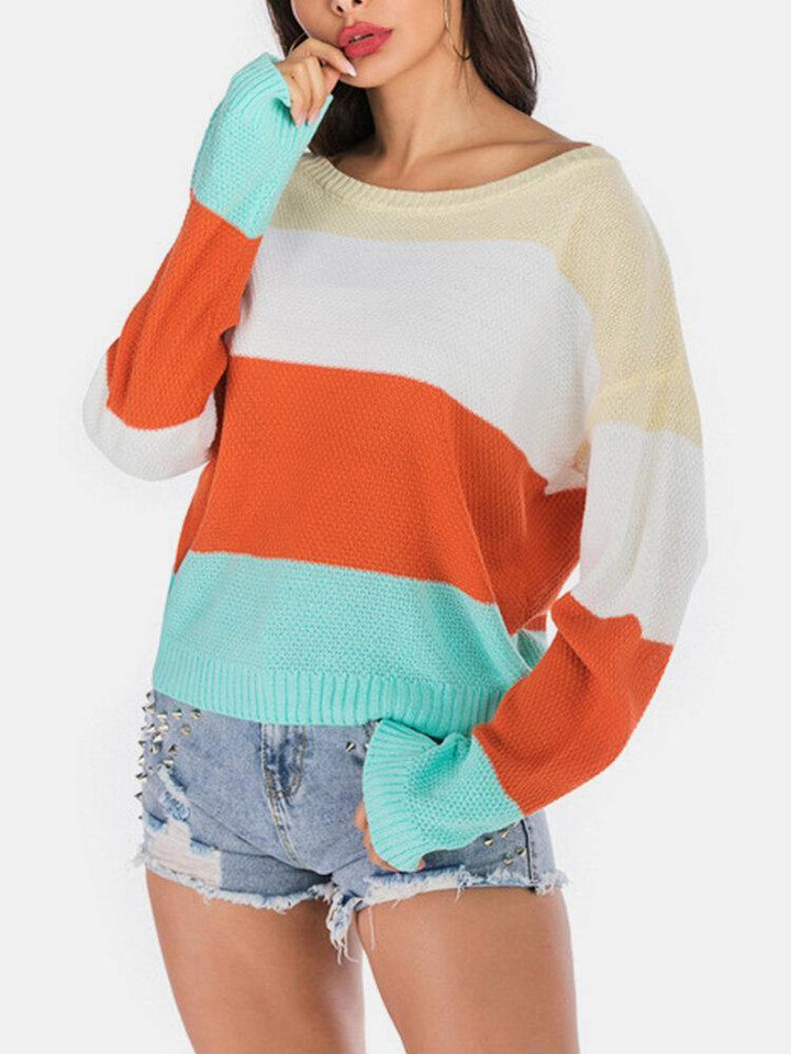 Women Patchwork Color Block Long Sleeves O-neck Casual Knitted Sweater - Trendha
