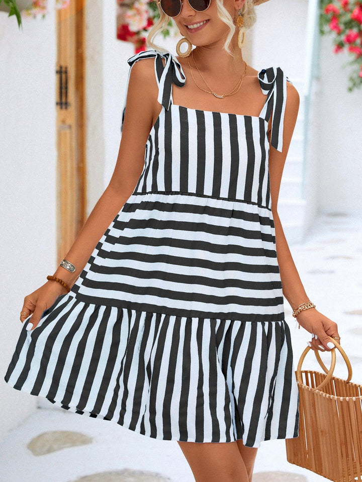 Striped Tie Shoulder Straight Neck Mini Dress - Trendha