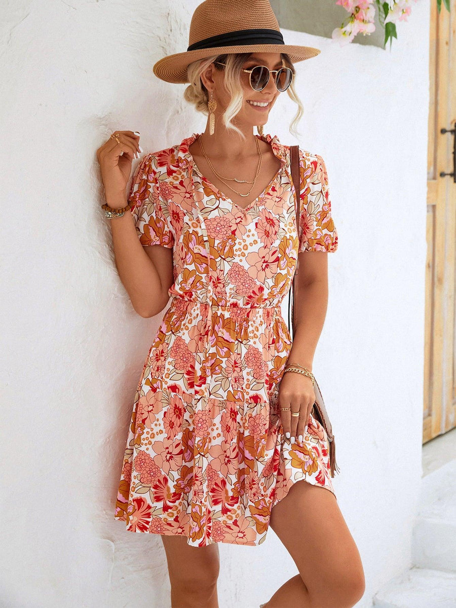 Floral Tie Neck Puff Sleeve Tiered Dress - Trendha
