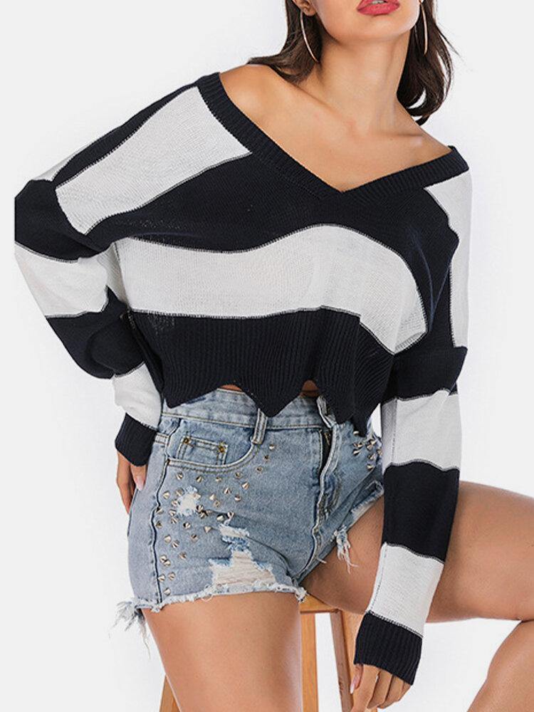 Women Striped V-Neck Wavy Hem Knitted Pullover Crop Sweater - Trendha