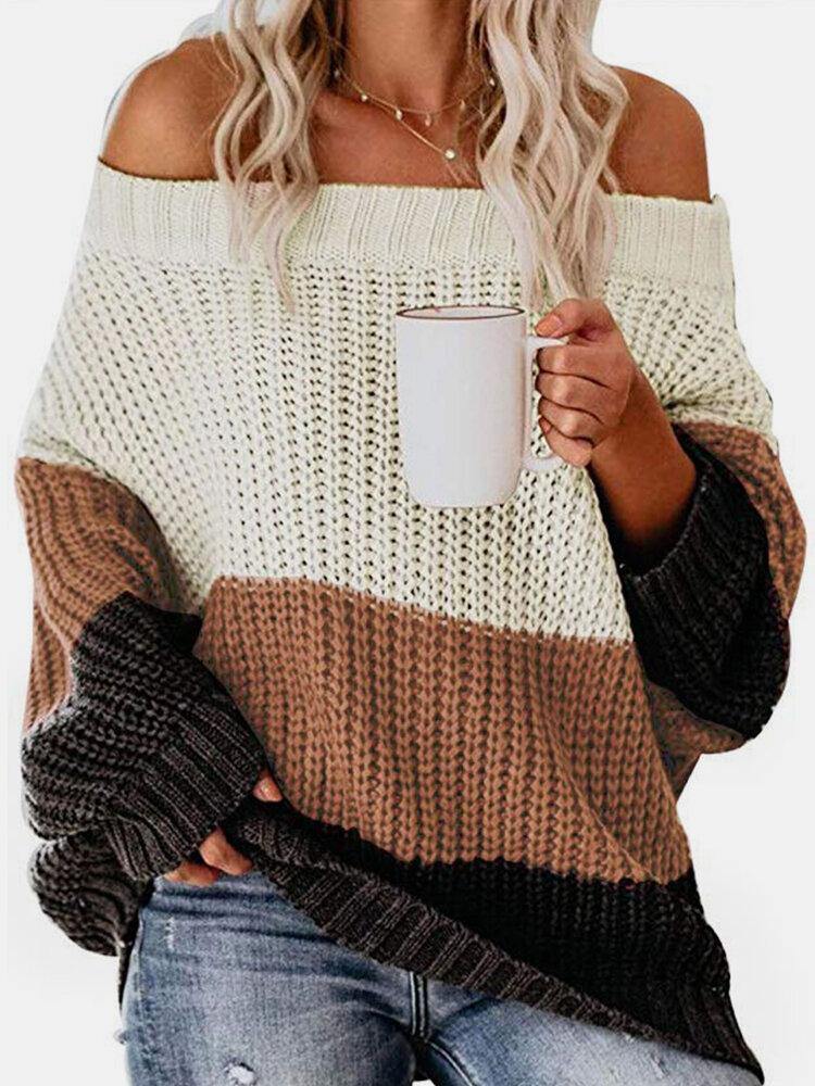 Women Color Block Patchwork Knitted Off Shoulder Casual Sweaters - Trendha