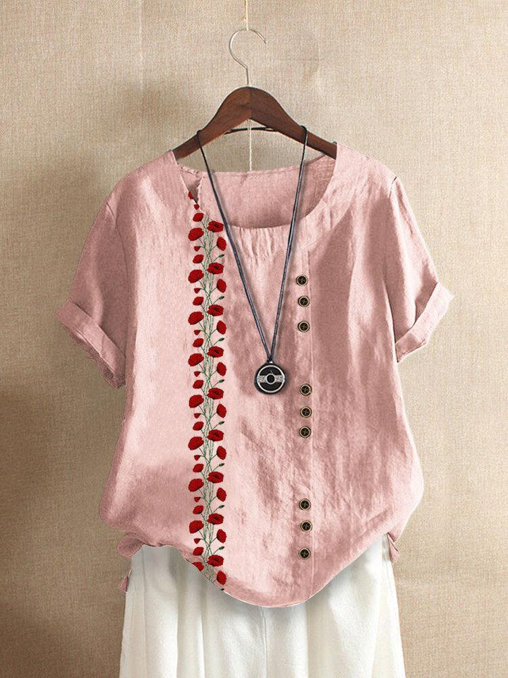 Floral Print O-neck Button Short Sleeve Casual T-Shirt For Women - Trendha