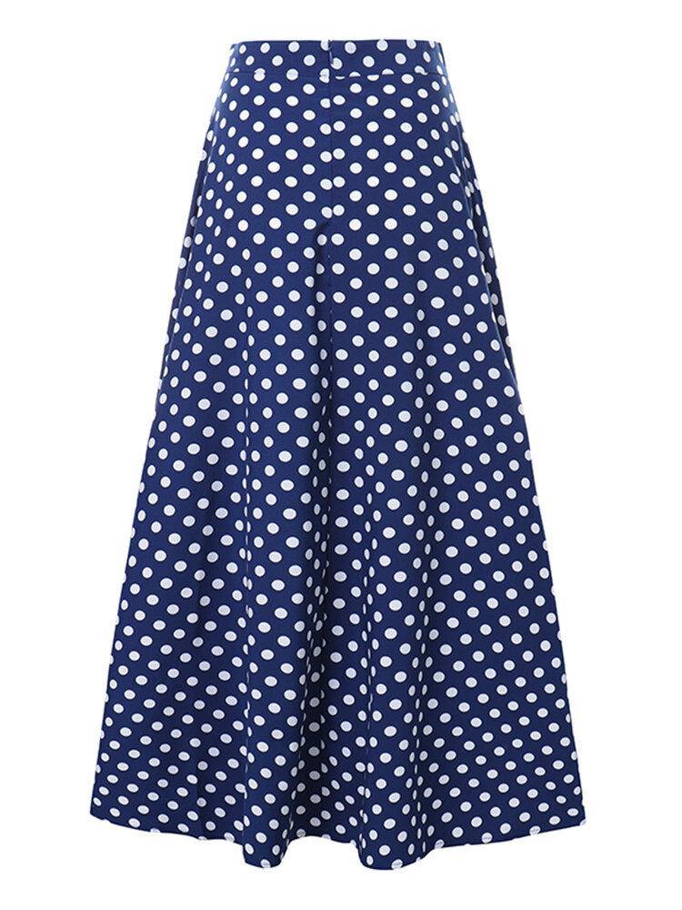 Women Polka Dot Print Loose Big Swing Side Pockets Casual Long Skirt - Trendha