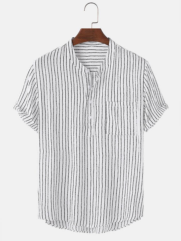 Mens Pinstripe Stand Collar Casual Short Sleeve Henley Shirts With Pocket - Trendha