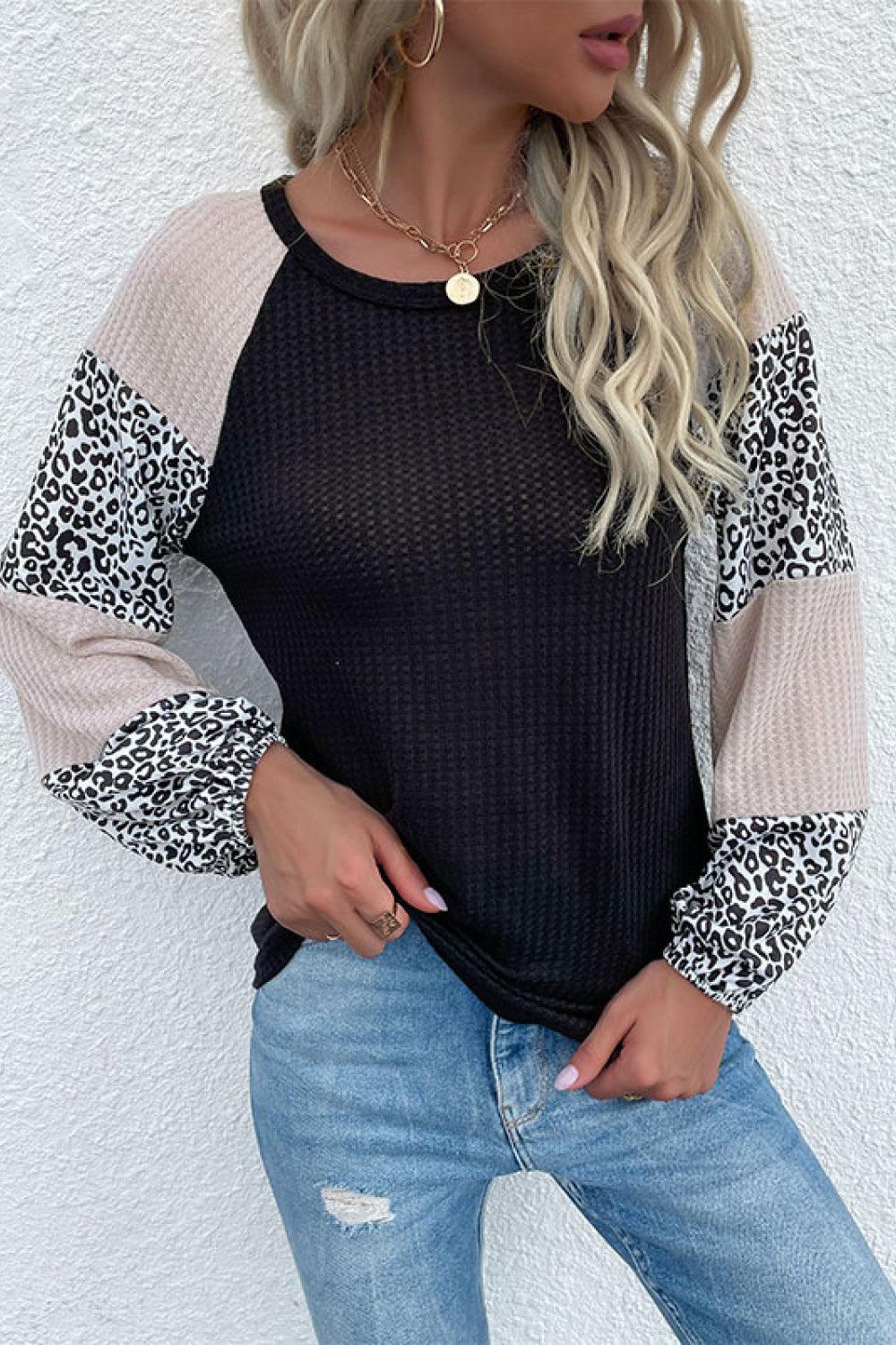 Contrast Leopard Print Waffle Knit Tee - Trendha