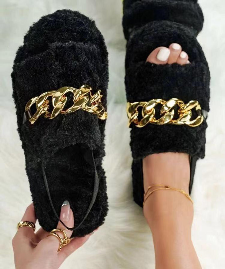 Leopard Print Casual Ethnic Style Flat Metal Chain Leopard Print Plush Slippers - Trendha