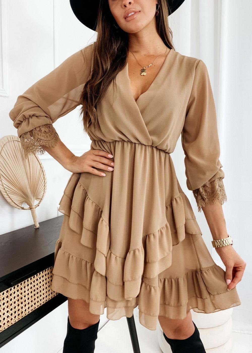 Turtleneck Long Sleeve V-Neck Ruffle Skirt Chiffon Dress - Trendha