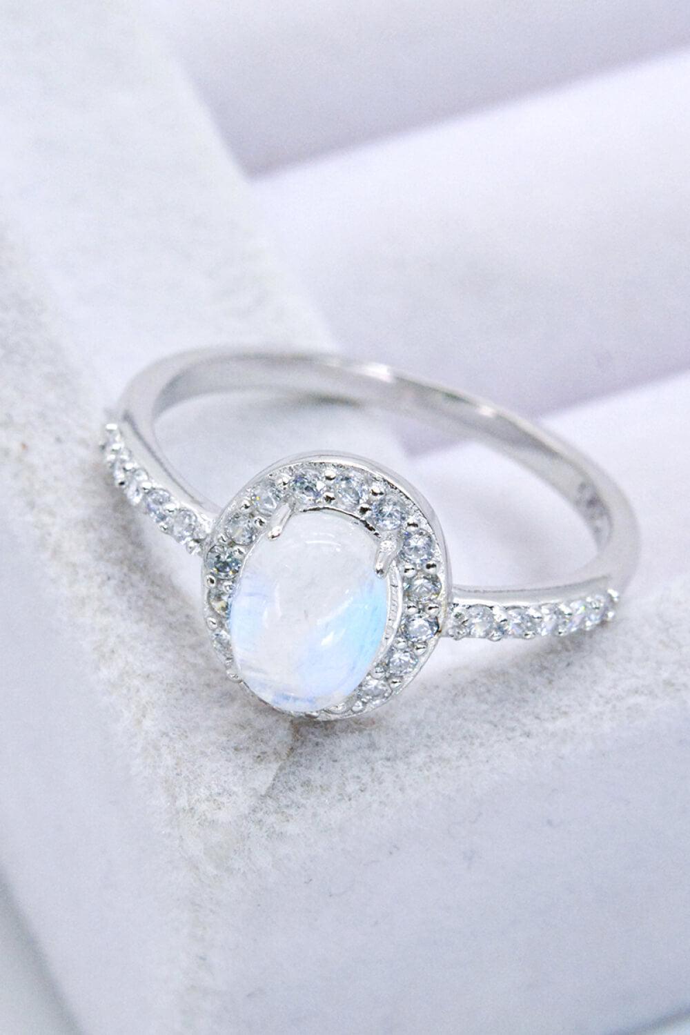 925 Sterling Silver Natural Moonstone Halo Ring - Trendha