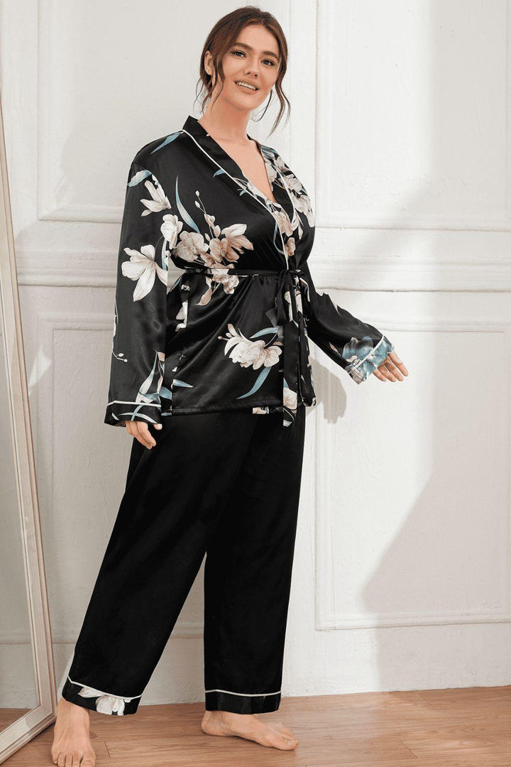 Plus Size Floral Belted Robe and Pants Pajama Set - Trendha