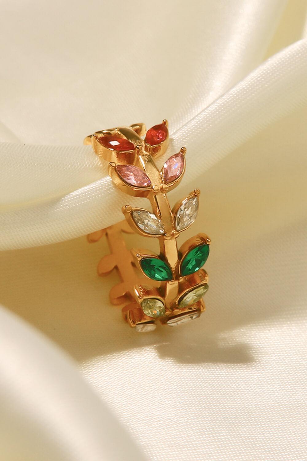 Zircon 18K Gold-Plated Leaf Open Ring - Trendha