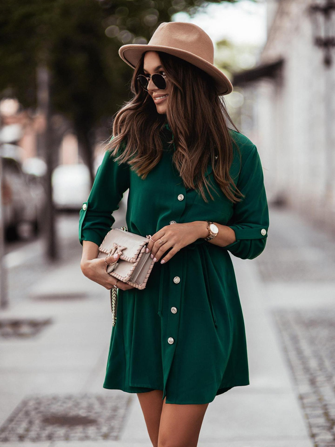 Solid Color Waist Belt With Buttons And Sleeves Dress - Trendha
