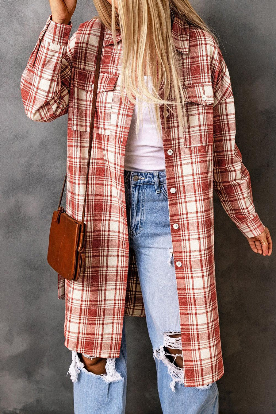 Plaid Button-Up Longline Shacket with Breast Pockets - Trendha