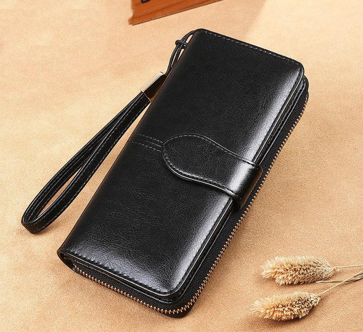 Waxed Cowhide Long Lady Wallet Leather Zipper Wallet Large Capacity - Trendha